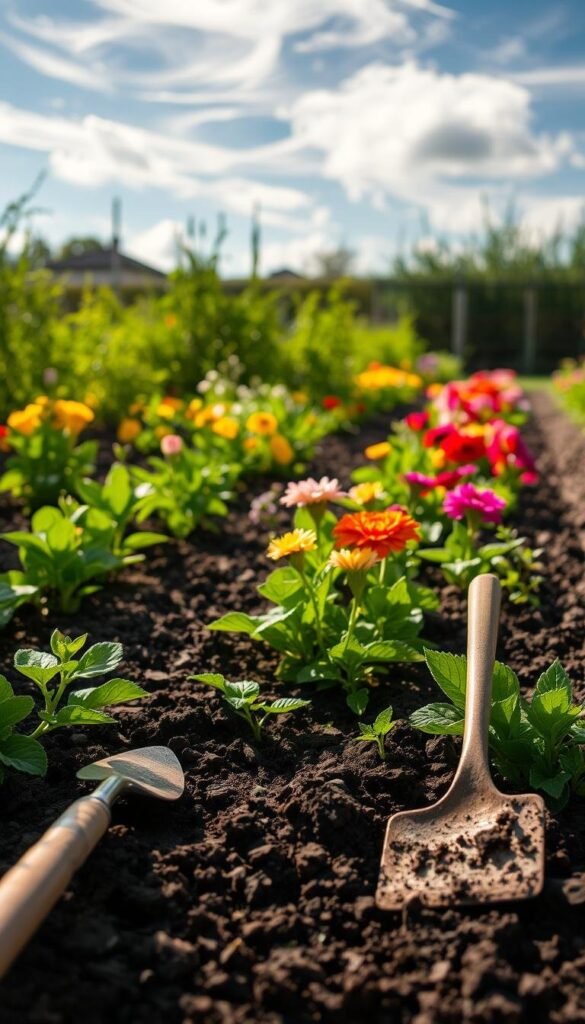 Preparing soil for summer flower planting: A lush garden bed in mid-morning sunlight, with rich, dark soil carefully tilled and ready for vibrant blooms. Gardening tools like a shovel and rake rest nearby, hinting at the careful preparation. Soft, wispy clouds drift overhead, casting gentle shadows that add depth and atmosphere. The scene exudes a sense of anticipation and potential, inviting the viewer to envision the colorful flowers that will soon grace this well-tended plot. A peaceful, verdant setting that captures the essence of summer gardening.