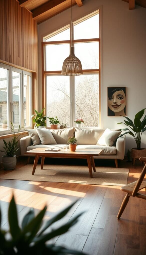 Prompt A cozy, eco-conscious living room with natural materials and warm lighting.