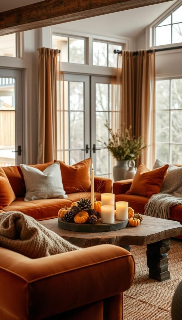 Prompt A cozy, inviting living room showcases the art of seasonal transitions in home design.