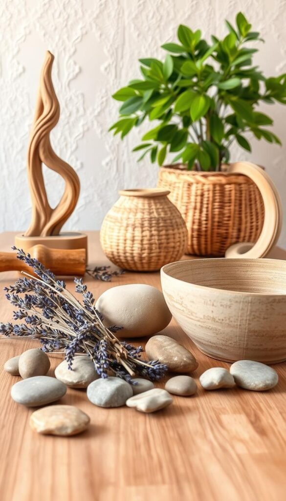 Prompt A minimalist still life featuring a selection of natural materials in earthy tones, arranged on a wooden table with soft, diffused lighting.