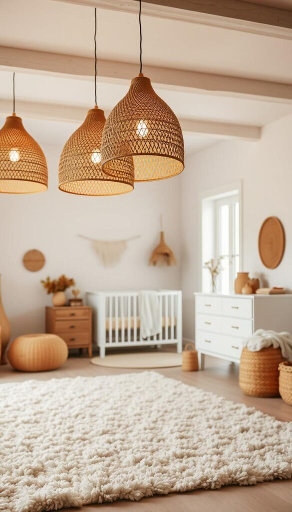 Rattan pendant lights suspended from a neutral boho-inspired nursery ceiling, casting a warm, ambient glow over a cozy, earthy space. In the foreground, a plush area rug in natural tones anchors the room, complemented by neutral-colored furniture and soft textiles. The middle ground showcases a minimalist crib and dresser, accented with woven baskets and natural wood accents. In the background, whitewashed walls provide a serene backdrop, with a large window allowing natural light to filter in, creating a calming and relaxing atmosphere.