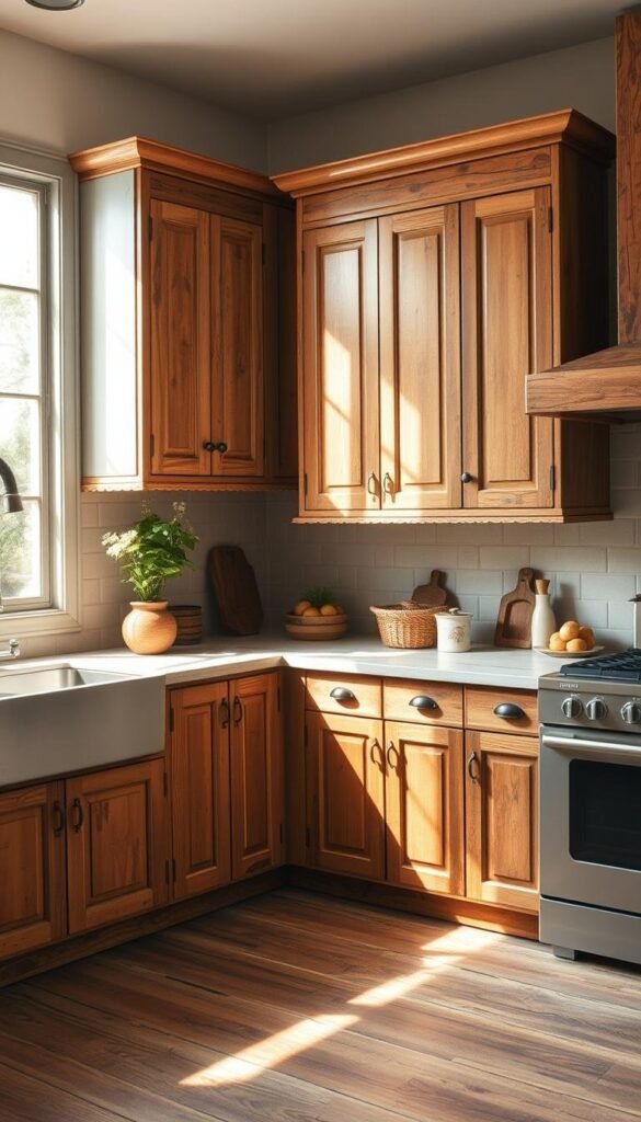 Rustic kitchen cabinets in warm, earthy tones, illuminated by soft, natural lighting streaming through a large window. Distressed wood textures and vintage hardware create a cozy, lived-in atmosphere. The cabinets are arranged in a classic L-shape layout, complemented by a simple, neutral backsplash. Hints of greenery and neutral-toned decor elements add subtle pops of color, completing the inviting, timeless aesthetic. Captured from a slightly elevated angle to showcase the overall composition and color palette.