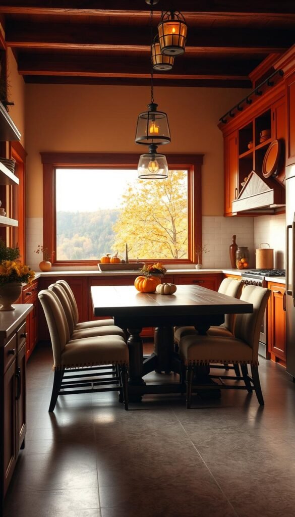 Seasonal Kitchen Color Schemes: a cozy, inviting kitchen interior with warm, autumnal color tones.