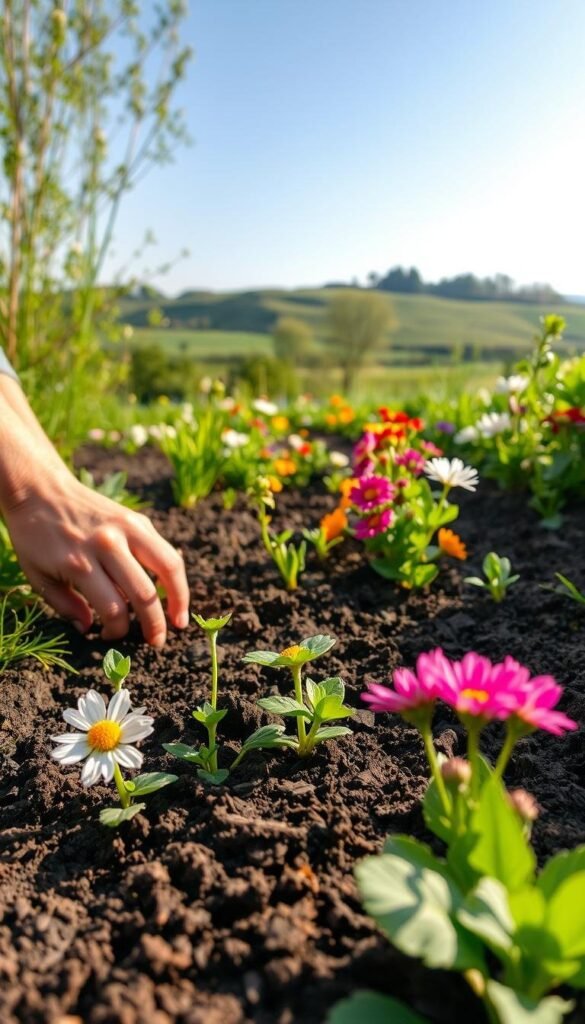 Verdant garden scene, close-up view of spring flower planting process. In the foreground, a pair of hands gently placing seedlings into freshly tilled soil, surrounded by lush greenery and bursts of colorful blooms. The middle ground features an assortment of flowering plants in various stages of growth, their petals unfurling in the soft, diffused lighting. In the background, a tranquil landscape with rolling hills and a clear blue sky, creating a serene, inviting atmosphere. Capture the essence of a step-by-step guide to spring flower planting, showcasing the natural beauty and joy of cultivating a vibrant garden.