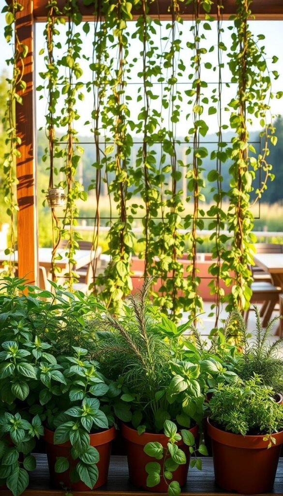 Vertical herb garden design ideas, featuring an array of lush greenery cascading down a wooden or metal frame. A focal point of the composition, the vertical structure is bathed in warm, natural lighting, casting gentle shadows that accentuate the different textures and shapes of the herbs. In the foreground, various potted herbs such as basil, thyme, and rosemary are neatly arranged, their vibrant colors and delicate foliage creating a visually compelling display. The middle ground showcases the vertical garden itself, with trailing vines and leafy greens artfully arranged in a harmonious, symmetrical pattern. The background suggests a serene, garden-like setting, perhaps with a glimpse of a tranquil patio or a verdant landscape beyond, setting the stage for this practical and aesthetically pleasing herb garden layout.