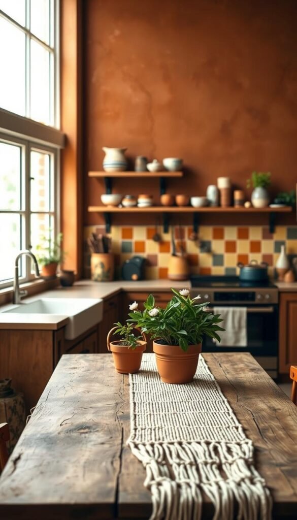 Vibrant boho kitchen color palette ideas, featuring a warm, earthy color scheme. In the foreground, a rustic wooden table with a hand-woven macrame runner, accented by terracotta pots of lush greenery. In the middle ground, a colorful tile backsplash in shades of ochre, mustard, and sage, complemented by open shelving displaying an eclectic mix of ceramics and copper cookware. The background showcases an organic, textured wall in a deep, terracotta hue, adding depth and character to the space. Soft, diffused natural lighting filters through large windows, casting a cozy, inviting glow throughout the room. The overall atmosphere is one of casual elegance, where bohemian flair meets functional design.