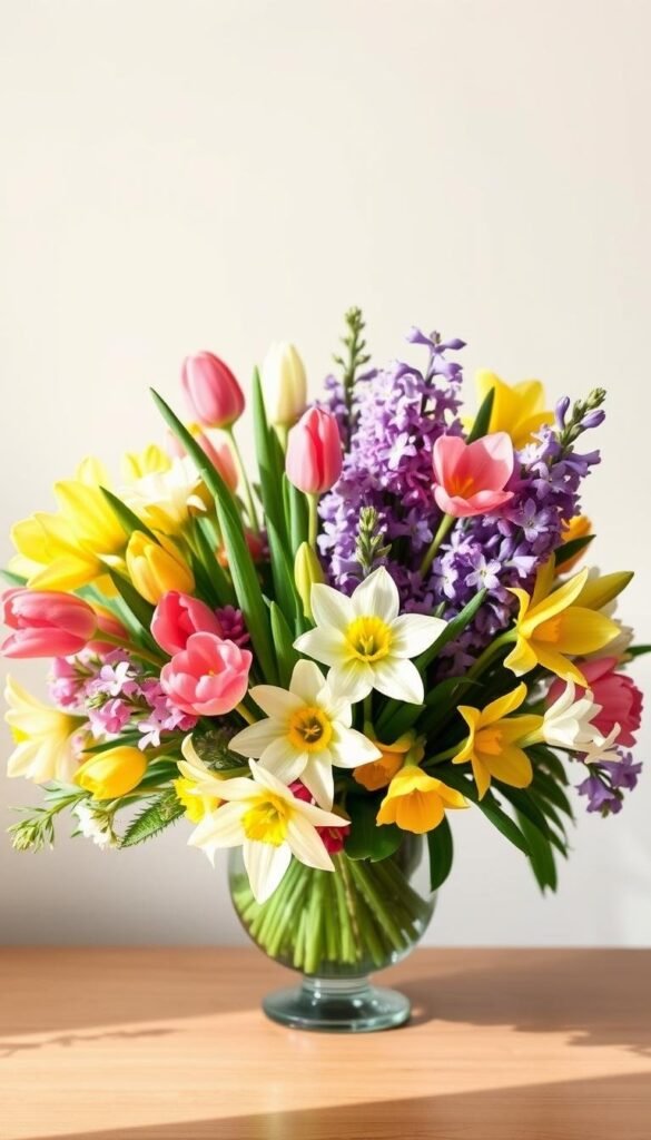 Vibrant spring floral arrangement with a mix of seasonal blooms, including tulips, daffodils, and hyacinths. The flowers are artfully arranged in an elegant vase, creating a visually stunning centerpiece. The lighting is soft and natural, casting a warm glow on the petals. The composition features a clean, minimalist background, allowing the flowers to take center stage. The overall mood is one of fresh, springtime elegance, perfectly capturing the beauty of April's seasonal blossoms.