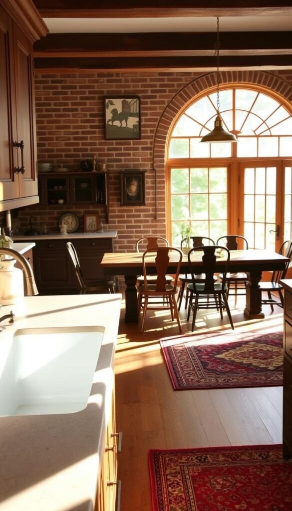Vintage kitchen layout ideas: a cozy, sun-drenched space with a timeless charm. In the foreground, a classic farmhouse-style sink and wooden cabinetry with oil-rubbed bronze hardware. Middle ground features a large, antique-inspired kitchen table surrounded by mismatched vintage chairs. The background showcases a rustic brick wall, offset by a large, arched window that floods the room with warm, natural light. Brass pendant lights and a vintage-inspired rug complete the scene, creating a harmonious blend of old and new. The overall atmosphere is one of comfortable elegance, evoking the charm of a bygone era.