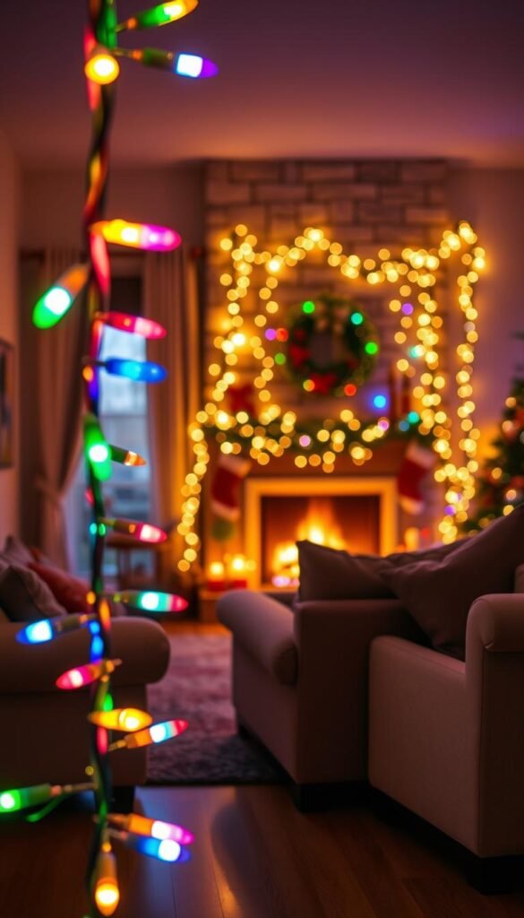 Vivid, twinkling Christmas string lights elegantly draped across a cozy, warmly lit living room.