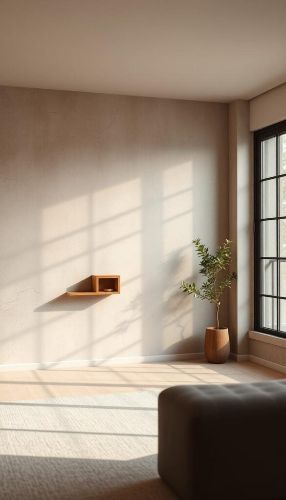 Wabi sabi wall treatments depicting a softly lit, minimalist living room with a textured, imperfect plaster wall as the focal point.