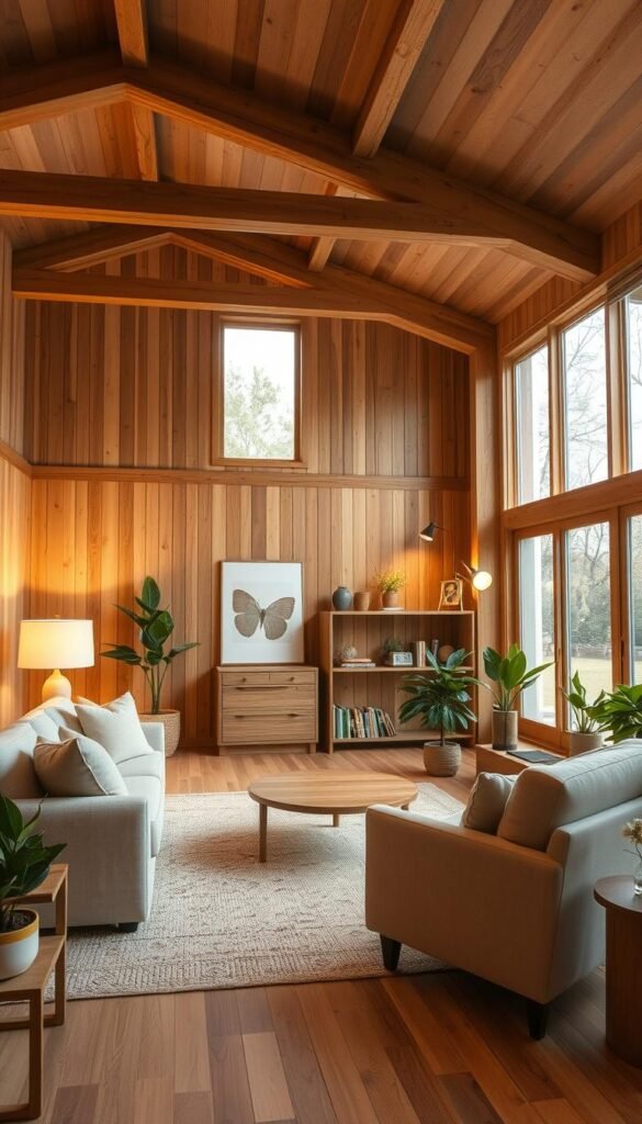 Warm and inviting neutral living room with a harmonious mix of natural wood tones.