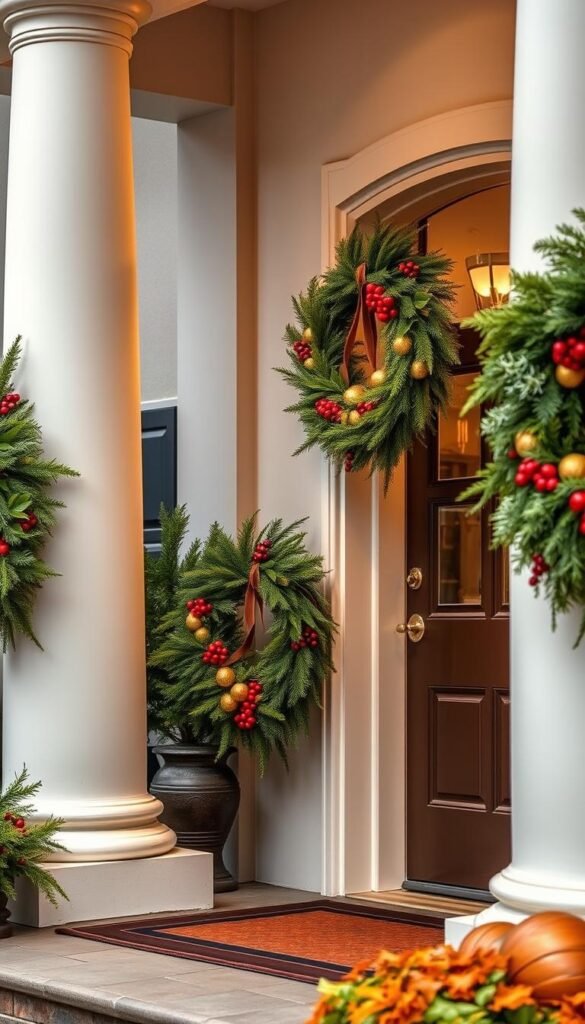 Warm and welcoming wreaths adorn the entryway, crafted from an abundance of natural foliage - lush evergreen boughs, vibrant red berries, and golden pinecones.