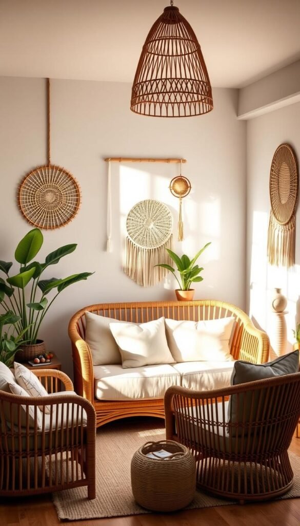 Warm, diffused lighting illuminates a cozy nursery setting featuring an array of rattan and wicker furniture in a soothing neutral color palette. A plush rattan loveseat with soft, oversized cushions takes center stage, flanked by a matching rattan armchair and a rattan side table. Delicate wicker wall hangings and a woven rattan pendant light add natural, bohemian flair, while lush potted plants and soft, earthy textiles create a serene, inviting atmosphere. The overall aesthetic exudes timeless, tranquil appeal, perfect for a calm and stylish nursery space.