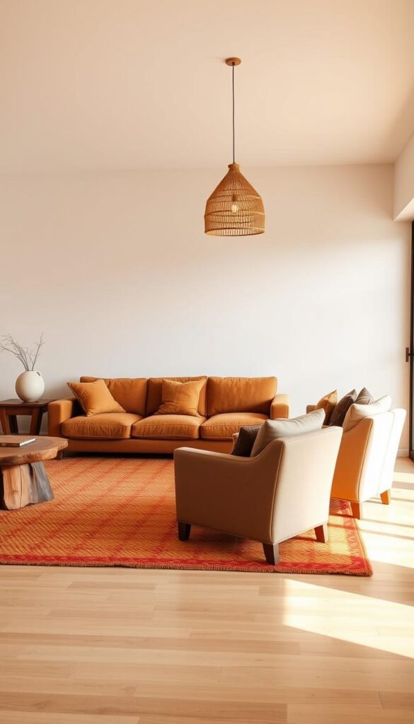 Warm, natural earth tones fill a spacious, well-lit living room.