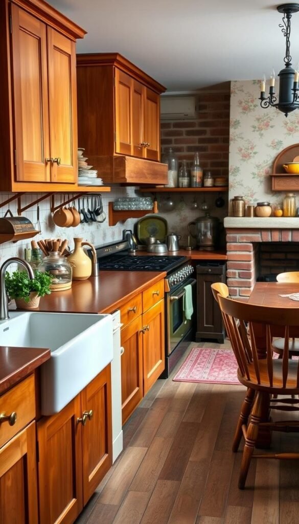 a charming vintage-style kitchen with warm wooden cabinetry, brass hardware, and antique-inspired decor. The foreground features a classic farmhouse sink, a rustic wooden table with mismatched chairs, and a cozy pot of herbs on the windowsill. The middle ground showcases a retro-style oven and stove, surrounded by vintage-inspired kitchenware and a collection of glass jars and bottles. In the background, a brick fireplace adds a cozy ambiance, while a delicate floral wallpaper and a vintage chandelier complete the timeless aesthetic. The lighting is soft and natural, creating a warm and inviting atmosphere. The overall composition captures the essence of a charming cottage kitchen, blending a mix of old and new elements.