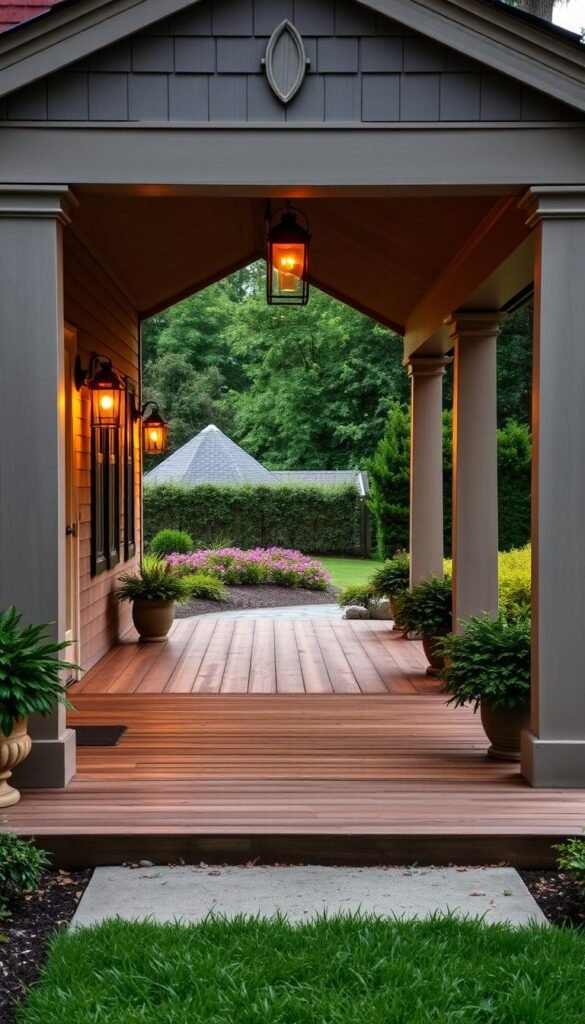 a cozy and inviting front porch with a wooden floor, classic columns supporting a gabled roof, and lush potted plants lining the steps. The porch is illuminated by warm lantern lighting, casting a soft glow on the natural textures and creating a welcoming atmosphere. The background features a well-manicured lawn and lush, vibrant landscaping, complementing the porch's rustic charm. The overall composition conveys a sense of relaxation and the feeling of a peaceful, comfortable retreat from the everyday. a cozy and inviting front porch with a wooden floor, classic columns supporting a gabled roof, and lush potted plants lining the steps. The porch is illuminated by warm lantern lighting, casting a soft glow on the natural textures and creating a welcoming atmosphere. The background features a well-manicured lawn and lush, vibrant landscaping, complementing the porch's rustic charm. The overall composition conveys a sense of relaxation and the feeling of a peaceful, comfortable retreat from the everyday.