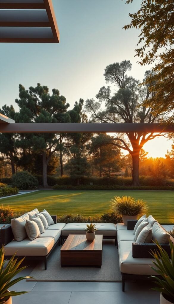 a cozy and inviting modern outdoor living space, with a well-appointed seating area surrounded by lush, meticulously landscaped greenery. The space features a stylish, L-shaped sectional sofa with plush cushions, accompanied by a low, wooden coffee table and a few decorative potted plants. Overhead, a sleek, minimalist pergola casts a gentle, dappled light, creating a warm and welcoming ambiance. In the background, a beautifully manicured lawn and towering, mature trees provide a natural, serene backdrop, while the warm, golden hues of the sunset bathe the entire scene in a soft, glowing light, evoking a sense of tranquility and relaxation.
