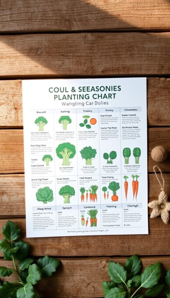 a detailed, informative, and visually appealing planting chart for cool-season vegetables, displayed on a weathered wooden surface with a rustic, earthy tone. The chart features various vegetables such as broccoli, kale, spinach, and carrots, with clear illustrations and planting instructions for each. The layout is clean and organized, with a neutral color palette that complements the natural setting. Soft, diffused lighting casts gentle shadows, creating depth and dimension. The overall atmosphere is informative, practical, and evocative of a well-tended kitchen garden.