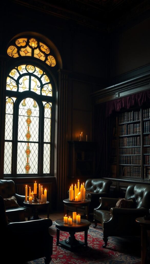 a dimly lit living room with high ceilings, ornate moldings, and antique furniture in a dark, brooding style; a large arched window with stained glass panels…