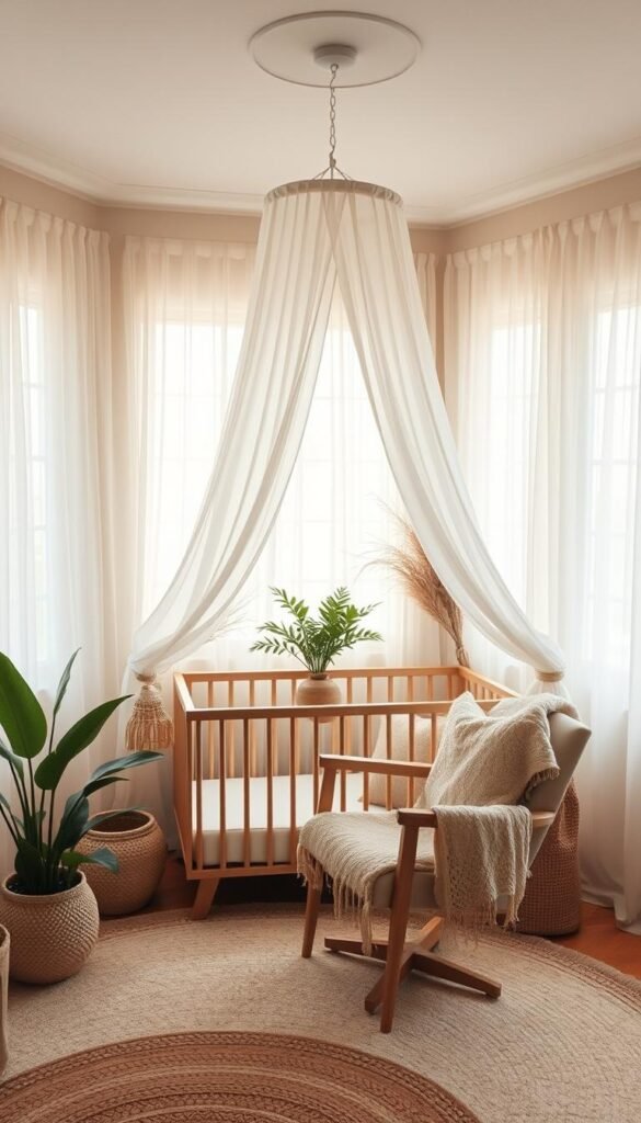 a dreamy, soft-focus neutral boho nursery interior with sheer, flowing canopy curtains drifting gently over a natural wood crib and armchair. Warm, diffuse lighting filters through gauzy window treatments, creating a cozy, serene atmosphere. Lush potted plants and natural fiber accents add earthy, calming touches. The space has a hazy, atmospheric quality, with a sense of tranquility and comfort. Minimal color palette of creams, tans, and warm browns. High angle perspective to capture the full scene.
