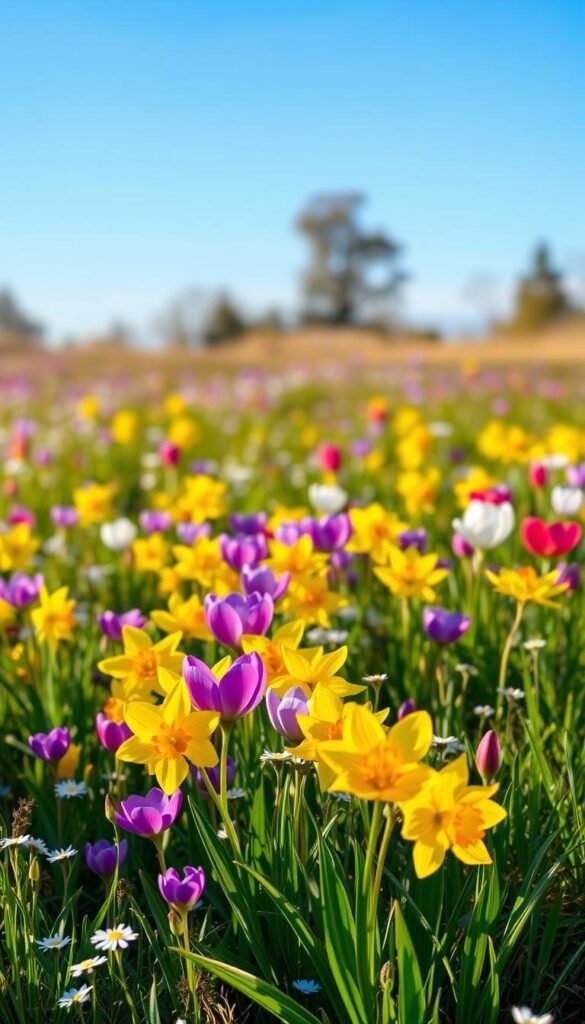 a field of vibrant early spring flowers in a natural, rustic setting, the foreground filled with lush blooms of daffodils, tulips, and crocus in a variety of bright colors like yellow, purple, and pink, the middle ground featuring a scattering of delicate wildflowers like forget-me-nots and anemones, the background hazy with a soft, natural blur of verdant foliage and a clear blue sky, the scene bathed in warm, golden sunlight that casts gentle shadows and highlights the flowers' delicate petals, the overall mood serene, tranquil, and evocative of the hopeful renewal of the early spring season