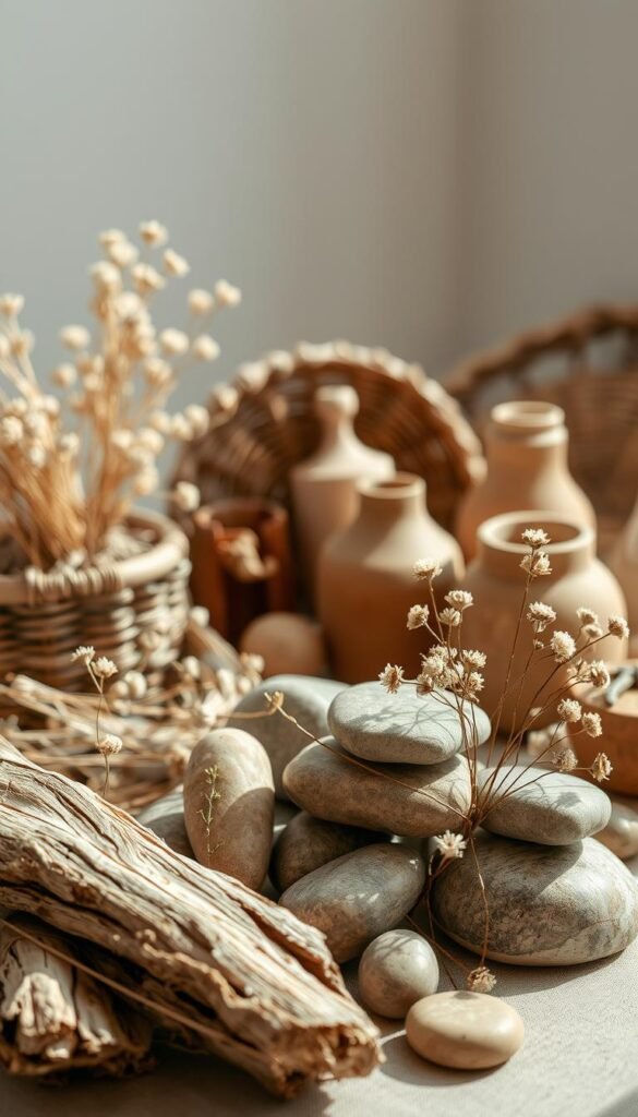 a finely crafted still life of natural materials that evoke a sense of timeless elegance, showcased in natural lighting with a warm, earthy tone.