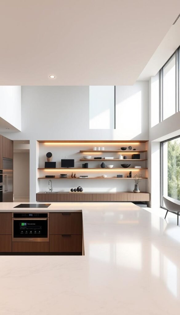 a high-end, modern kitchen interior with sleek, minimalist design and a focus on smart home technology. The foreground features a large, L-shaped kitchen island with a smooth, marble-like countertop and built-in smart appliances, including a touchscreen display and voice-controlled smart assistant. The middle ground showcases floor-to-ceiling windows that flood the space with natural light, and a futuristic, floating shelving system that displays a range of smart home devices. The background depicts a clean, neutral color palette, with brushed metal accents and subtle, recessed lighting that creates a warm, luxurious atmosphere. The overall scene conveys a sense of technological sophistication and seamless integration of smart features into a high-end kitchen design.