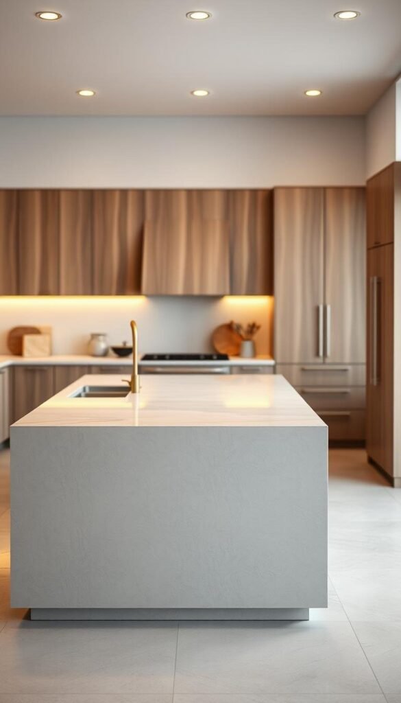 a highly detailed, cinematic photograph of the latest kitchen island design trends, showcasing a range of materials and colors. the foreground features a large, modern kitchen island with a sleek, minimalist design in a neutral tone, perhaps a light gray or beige quartz or marble countertop. the middle ground reveals the surrounding kitchen, with a mix of natural wood cabinets, metallic accents, and pops of color in the backsplash tiles or appliances. the background is softly blurred, creating a sense of depth and emphasizing the island as the focal point. the lighting is warm and inviting, casting a gentle glow over the scene. the overall mood is one of sophistication, style, and on-trend design.