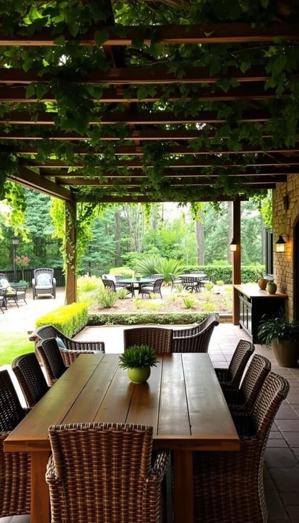 a lush, verdant outdoor dining area with a rustic, natural aesthetic. The foreground features a spacious, wooden dining table surrounded by wicker chairs, creating an inviting and comfortable seating arrangement. In the middle ground, a stone or brick patio extends outwards, blending seamlessly with the surrounding landscape. Overhead, a pergola or trellis structure supports cascading vines or climbing plants, casting a warm, dappled light across the scene. In the background, a well-manicured garden or wooded area provides a soothing, natural backdrop, complemented by the soft glow of outdoor lighting fixtures. The overall mood is one of peaceful, al fresco dining, perfect for entertaining or relaxing with family and friends.