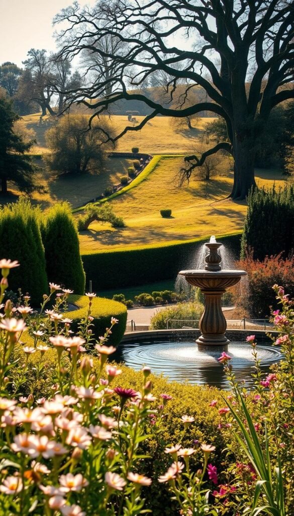 a lush, vibrant English garden landscape bathed in warm, golden sunlight. Delicate flowers bloom in the foreground, their petals gently swaying in a soft breeze. Tall, verdant hedgerows and neatly trimmed bushes line the garden's winding paths, creating a sense of privacy and enchantment. In the middle ground, a picturesque stone fountain bubbles with crystal-clear water, reflecting the dappled sunlight. The background features a rolling hill dotted with ancient oak trees, their branches casting dramatic shadows across the scene. The overall atmosphere is one of serenity, tranquility, and the natural beauty of an idyllic English garden.