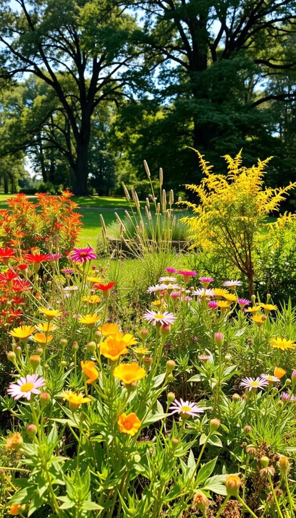 a lush, vibrant garden of native plants, showcasing a diverse array of flora indigenous to the region. The foreground features a cluster of colorful wildflowers, their petals gently swaying in a soft breeze. In the middle ground, various shrubs and small trees, their foliage a rich tapestry of greens, reds, and oranges, create a sense of depth and dimension. The background is a serene, park-like setting, with tall, mature trees providing dappled sunlight and a tranquil atmosphere. The lighting is natural and warm, casting a golden glow across the scene, accentuating the organic textures and vibrant hues of the native plants. Captured with a wide-angle lens, the composition invites the viewer to step into this idyllic, sustainable landscape.