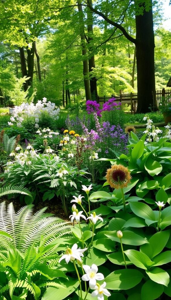 a lush, vibrant garden scene featuring a variety of the best spring flowers for shady areas, arranged in a natural, harmonious composition. in the foreground, delicate woodland plants such as ferns, hostas, and wildflowers like anemones and trilliums bloom amid soft, dappled light filtering through the trees. in the middle ground, clusters of shade-loving perennials like hellebores, astilbes, and coral bells add pops of color and texture. the background features a tranquil, wooded setting with tall, verdant trees casting gentle shadows. the overall scene conveys a sense of peaceful serenity and natural beauty, inviting the viewer to imagine themselves in this idyllic shaded garden oasis.