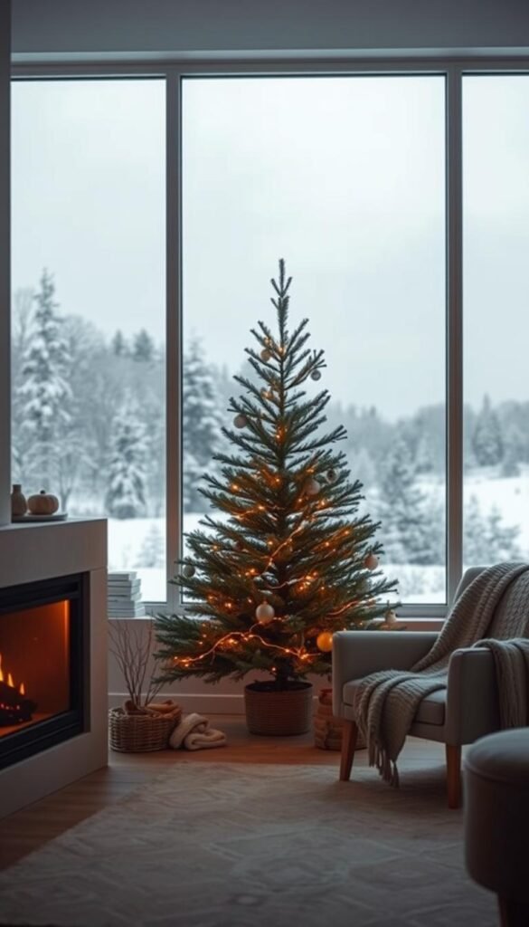 a minimalist holiday living room with a large window overlooking a snowy landscape, a simple yet elegant Christmas tree with a few string lights, a warm…