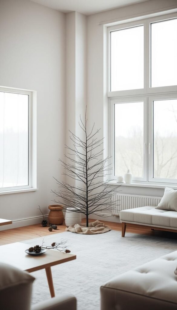 a minimalist, serene holiday living room with a bare, sparse Christmas tree in the corner, surrounded by simple, natural decorations like pine cones,…