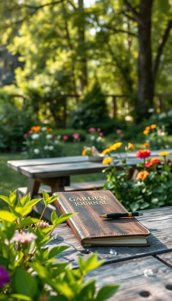 a peaceful, expansive garden with vibrant green foliage and blooming flowers in the foreground, a wooden garden journal and pen resting on a weathered picnic table in the middle ground, soft natural lighting filtering through the trees in the background, a serene and tranquil atmosphere that evokes the joy and benefits of documenting one's gardening journey