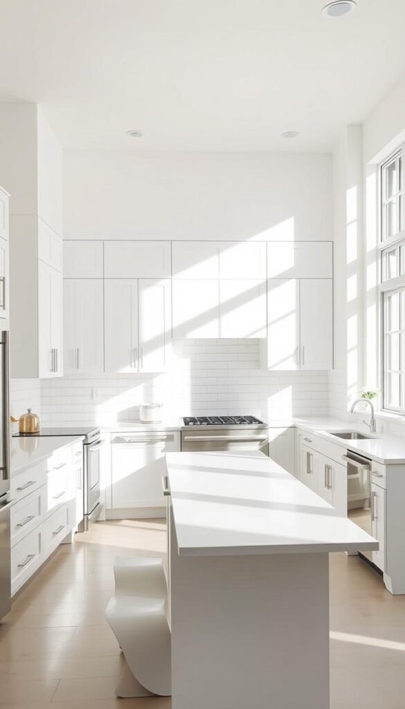 a pristine white modern kitchen with sleek cabinets, quartz countertops, and stainless steel appliances in a bright, airy space flooded with natural light streaming through large windows. the backsplash features clean white subway tiles arranged in a minimalist pattern. the kitchen island has a waterfall edge design and is paired with modern white bar stools. the overall aesthetic is one of timeless sophistication and elegant simplicity, creating a serene and inviting atmosphere