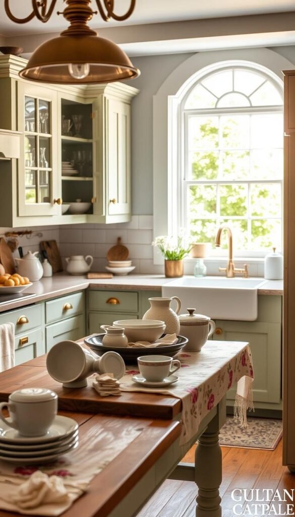 a quaint, cozy cottage kitchen with a charming, vintage-inspired color palette. the foreground features a farmhouse-style wooden table with a fresh, floral tablecloth and a mix of rustic ceramic dishware and cookware. the middle ground showcases custom cabinetry in a soft, muted green hue, complemented by brass hardware and open shelving displaying antique-style glassware. the background depicts a classic, cottage-style window overlooking a lush, verdant garden, allowing natural light to filter in and create a warm, inviting ambiance. the overall scene is bathed in a soft, golden glow, conveying a sense of timeless elegance and country-chic style.