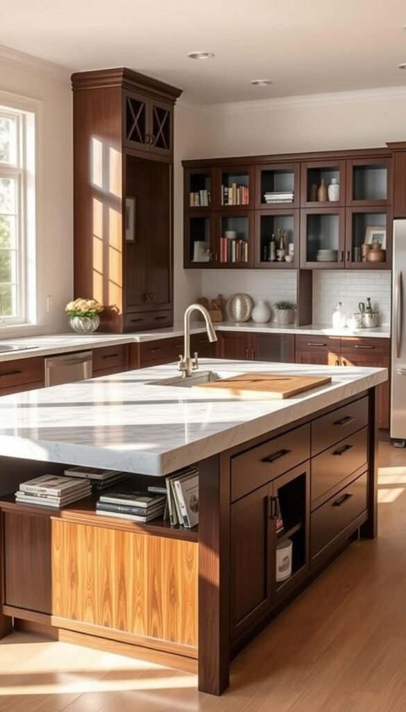 a sleek, multi-functional kitchen island with unique features, basking in warm, natural lighting from large windows. The island's countertop is a stunning, veined marble with an integrated sink and cutting board. Beneath the counter, there are deep drawers and cabinets for storage, as well as open shelving displaying an array of cookbooks and decorative accents. The island's legs are made of dark, polished wood that seamlessly blends with the surrounding cabinetry. In the background, the kitchen features a neutral color palette, with white walls and light hardwood floors, creating a clean and inviting atmosphere. The overall composition emphasizes the island's central role in the kitchen, showcasing its practical and aesthetic value.