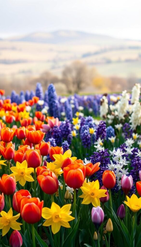 a vibrant and lush garden scene showcasing a selection of the most captivating spring bulb plants. The foreground features a beautiful array of tulips, daffodils, and hyacinths in a range of vivid colors including red, yellow, purple, and white. The middle ground showcases contrasting clusters of blooming crocus and allium, adding depth and visual interest. The background is a soft, blurred landscape of rolling hills and distant trees, creating a sense of tranquility and natural beauty. The lighting is soft and diffused, highlighting the delicate petals and vibrant hues of the flowers. The composition is balanced and symmetrical, drawing the viewer's eye to the stunning display of spring's most beloved bulb plants.