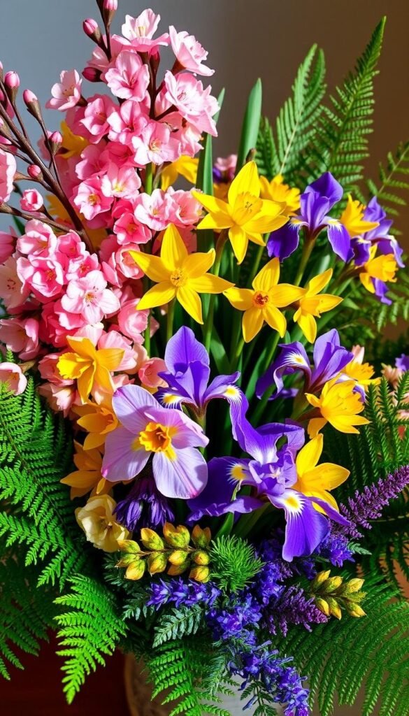 a vibrant bouquet of springtime blooms, including delicate pink cherry blossoms, cheerful yellow daffodils, fragrant purple irises, and lush green ferns, arranged in a natural, asymmetrical composition, bathed in warm, soft lighting that accentuates the vivid colors and textures, captured from a slightly elevated angle to showcase the flowers' elegance and natural beauty, exuding a serene, tranquil atmosphere that captures the essence of April's floral abundance