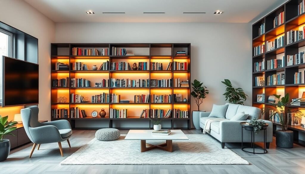 bookshelves in living room