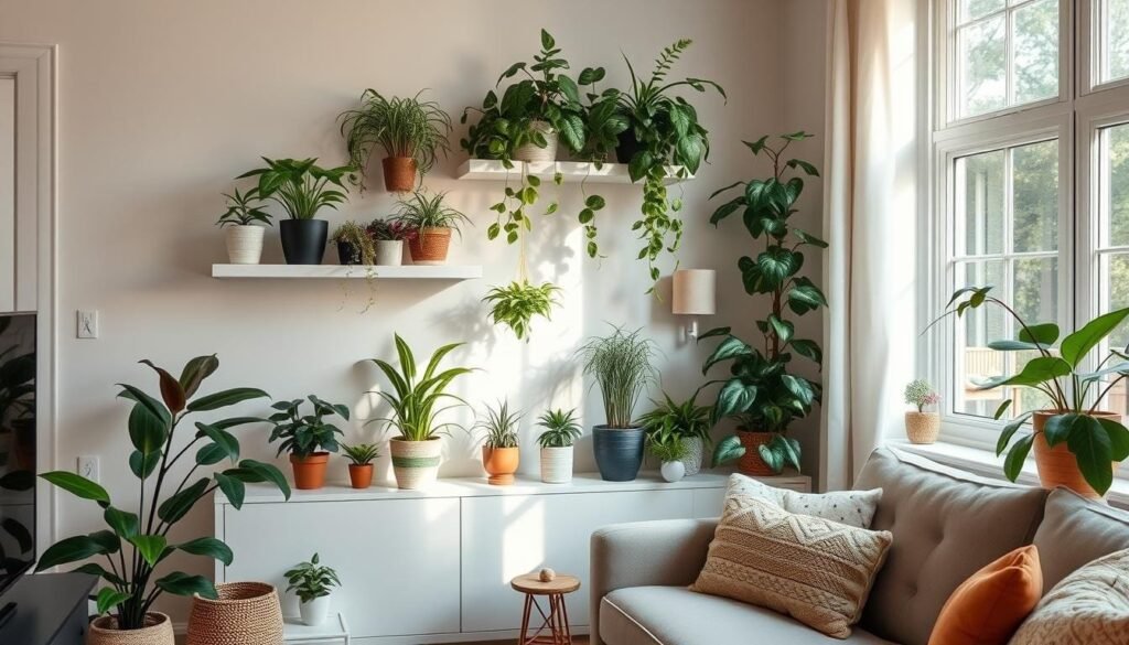 corner shelves and plants
