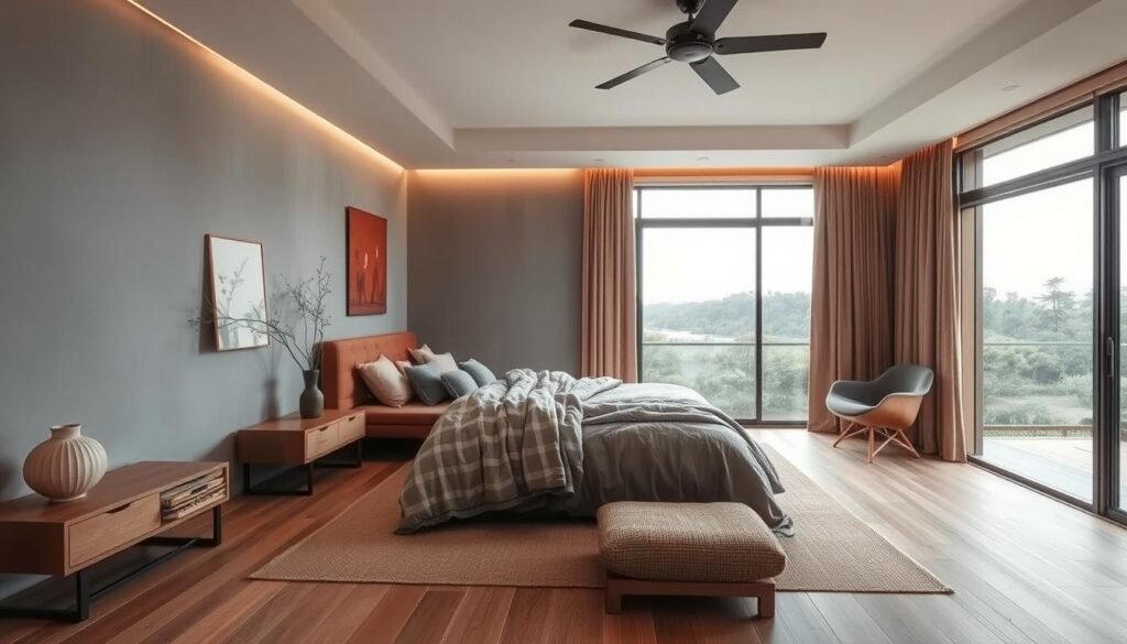 earthy gray and rust japandi bedroom color schemes