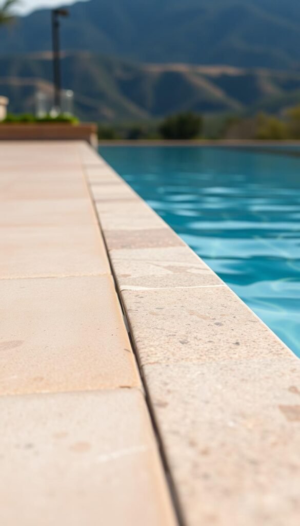 high quality photorealistic image of pool surface materials, showing a close-up view of the pool's edge and surrounding area. the foreground features various pool surface materials such as smooth concrete, textured stone, and durable tile in a range of earthy, neutral tones. the middle ground shows the pool water's surface with realistic reflections and ripples. the background has a blurred, out-of-focus landscape, conveying a sense of tranquility and relaxation. the lighting is natural, with soft, even illumination casting subtle shadows to create depth and dimension. the overall scene has a calming, high-end aesthetic that would be suitable for a luxury pool setting.