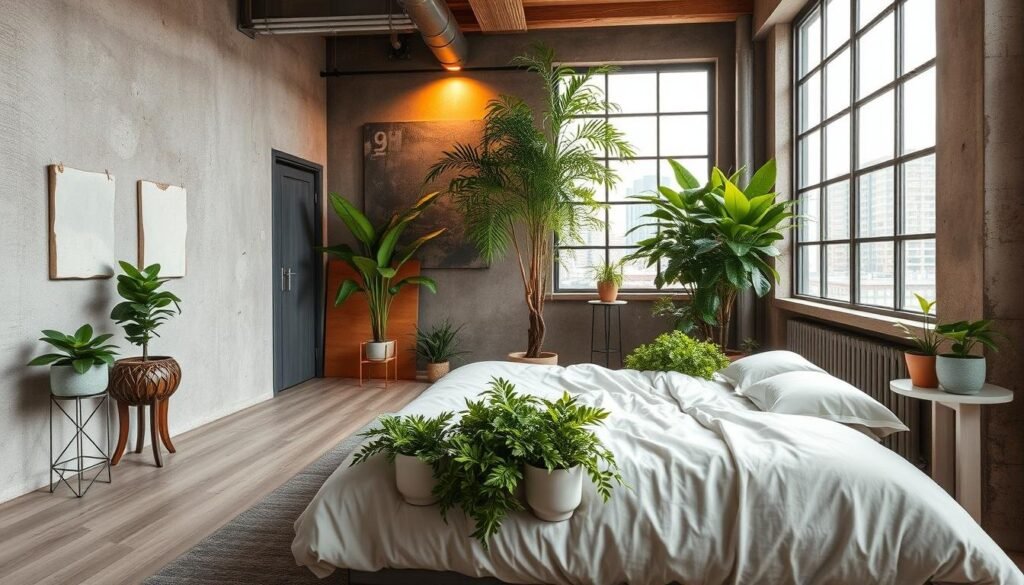 industrial bedroom decor with plants