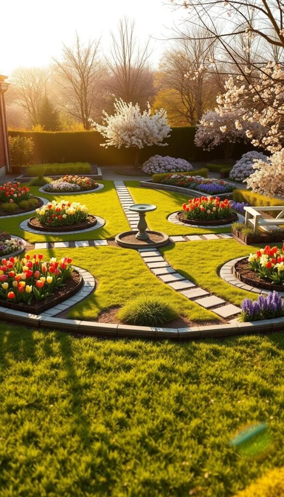 spring garden layout design, showing a detailed landscape plan with planting beds, flower borders, walkways, and a central focal point such as a birdbath or small fountain. The scene is bathed in warm, golden afternoon sunlight, casting long shadows and highlighting the vibrant colors of blooming spring flowers - tulips, daffodils, hyacinths, and cherry blossoms. The layout has a harmonious, symmetrical design with a sense of balance and proportion. The foreground features lush, manicured lawn, the middle ground has raised planting beds edged with decorative stones, and the background has clusters of flowering trees and shrubs. An overall atmosphere of tranquility, renewal, and natural beauty.
